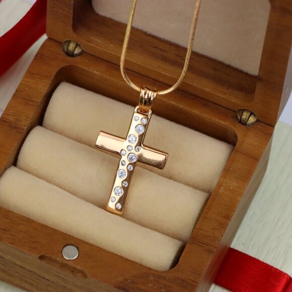"Rose Gold Cross Pendant with White Stones in Vertical Pattern Design, XPPT1605 - Picture 9 of 13